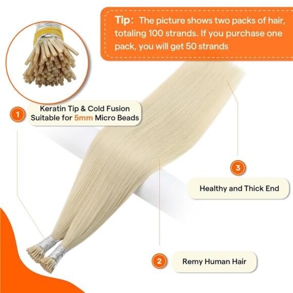 Full Shine Blonde I Tip Hair Extensions Human Hair 16 Inch Keratin Itip Human main image 7